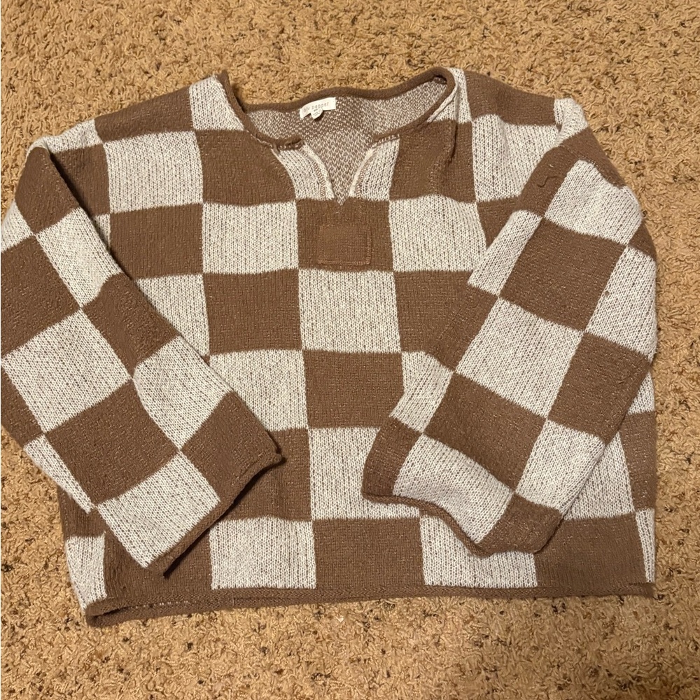 Blu Pepper Brown and Cream Checkerboard Knit Pullover